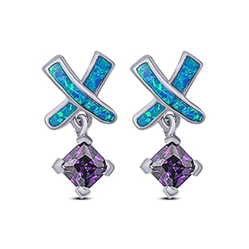 Cross Stud Earring Lab Created Blue Opal Princess Simulated Amethyst CZ 925 Sterling Silver (20mm)